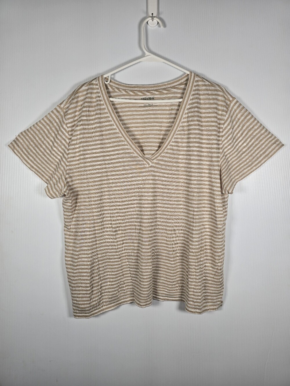 NWOT Haven Well Within 100% Linen Tan And‎ White Striped Short Sleeve V Neck L